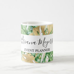 Caneca De Café Folhas de Palmeira Verde Dourado Branco Tropical