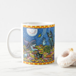 CANECA DE CAFÉ FOLHAS DE RASTREAMENTO DE GATOS BRANCOS E PRETOS, 