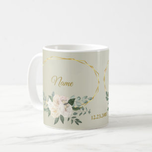 Caneca De Café Folhas de Verdura de Casamento Floral Rosa Geométr