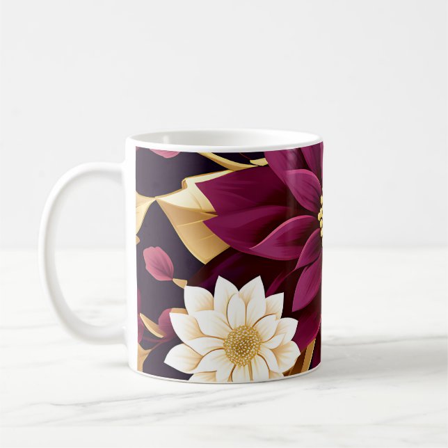 Caneca De Café Folhas Douradas E Florais De Borgonha Negra (Esquerda)