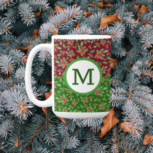 Caneca De Café Folhas e bagas de azevinho de Natal vermelhas e ve