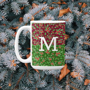 Caneca De Café Folhas e bagas de azevinho de Natal vermelhas e ve