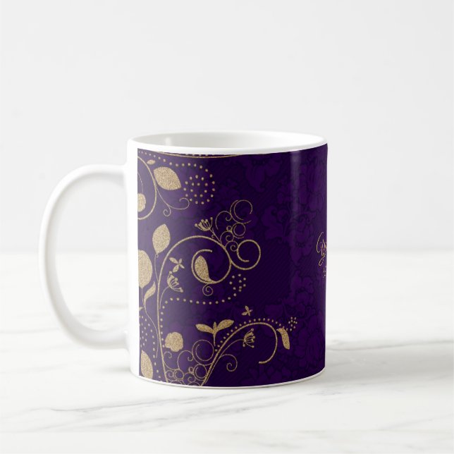 Caneca De Café Folhas Florais Douradas Roxas Casamento Festa Mode (Esquerda)