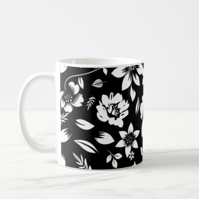Caneca De Café Folhas Florais Modernas Brancas Negras Brilhantes (Esquerda)