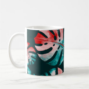 Caneca De Café Folhas Tropicais abstrato, Aquarela Brilhante.