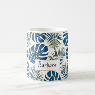 Caneca De Café Folhas tropicais azuis e douradas e nome