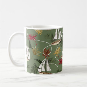 Caneca De Café Folhas tropicais, barcos e cabos de marinheiro