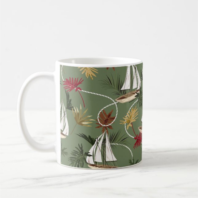 Caneca De Café Folhas tropicais, barcos e cabos de marinheiro (Esquerda)