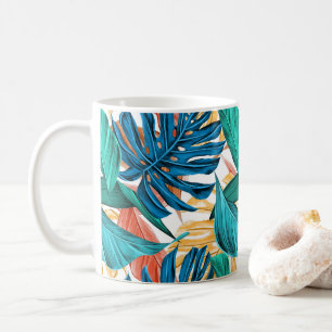 Caneca De Café Folhas tropicais coloridas, design de padrão exóti