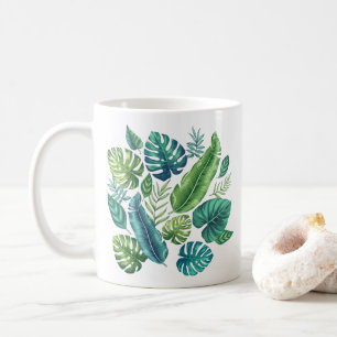Caneca De Café Folhas Tropicais de Palma Verde e Teal Banana Mons