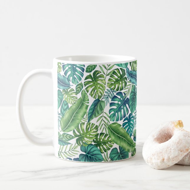 Caneca De Café Folhas Tropicais de Palma Verde e Teal Banana Mons (Com Donut)
