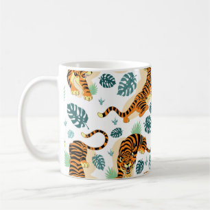 Caneca De Café Folhas Tropicais de Tigres: Ilustração Vintage.