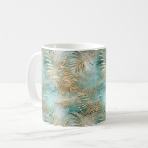 Caneca De Café Folhas Tropicais Douradas de Aqua White