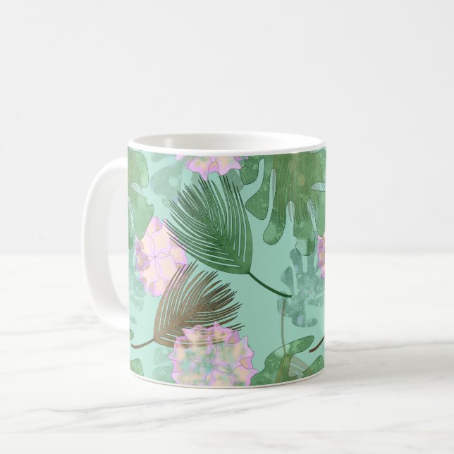 Caneca De Café Folhas tropicais e flores em turquesa. (Frente Esquerda)