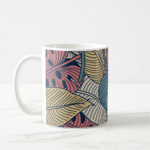 Caneca De Café Folhas Tropicais, Fundo Sem Olhos Florais.