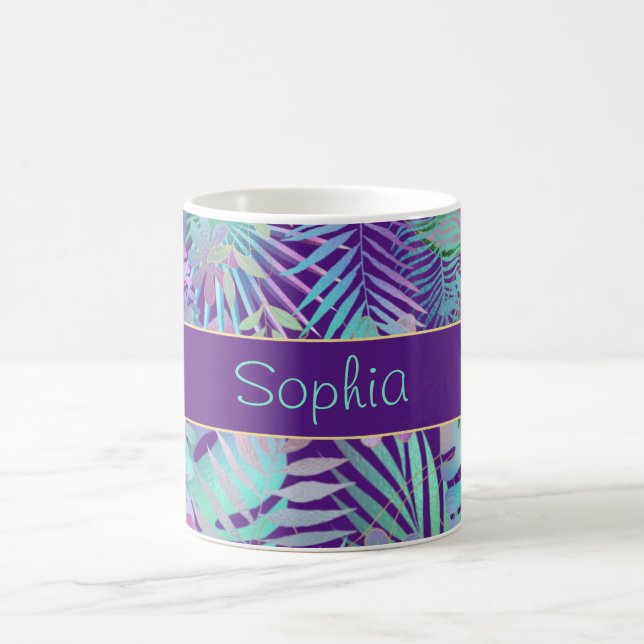 Caneca De Café Folhas Tropicais Iridescentes, Nome do Teal de Mel (Centro)