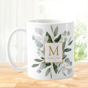 Caneca De Café Folhas Tropicais Verde de Aquarela Monograma