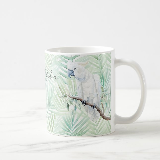 Caneca De Café Folhas Tropicais Verdes Pássaro Branco Aloha (Direita)