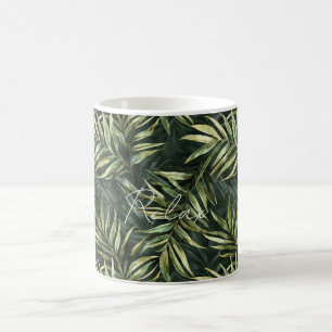 Caneca De Café Folhas Tropicais Verdes Pretas