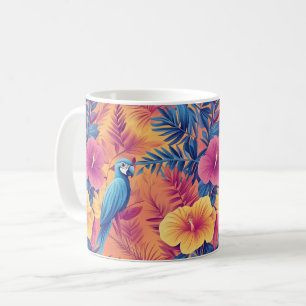 Caneca De Café Folhas Tropicais Vibrantes e Parrots Padrão de Ver