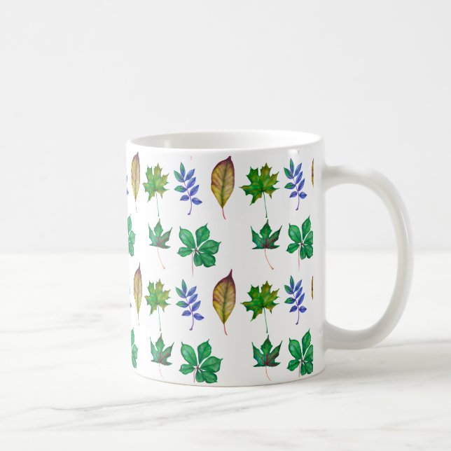 Caneca De Café Folhas verdes e azuis de aquarela (Direita)