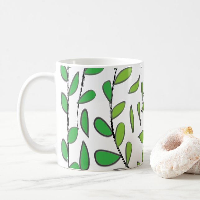 Caneca De Café Folhas Verdes em Aquarela (Com Donut)