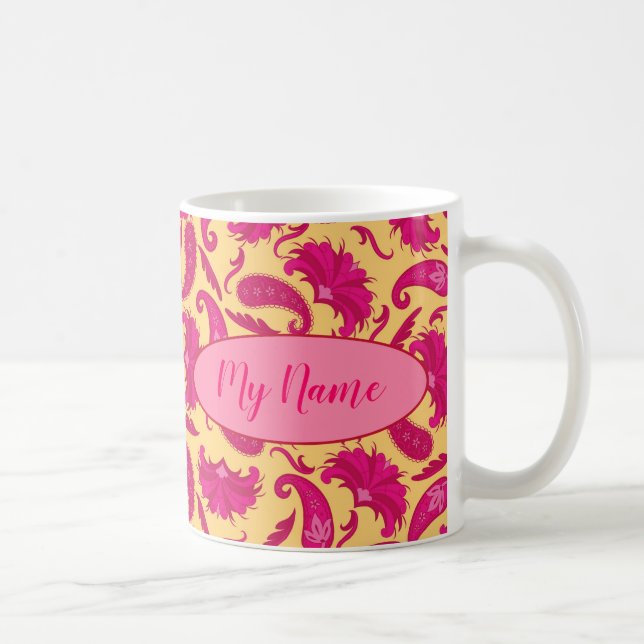 Caneca De Café Folheto Amarelo Rosa Fuchsia Nome Personalizado (Direita)