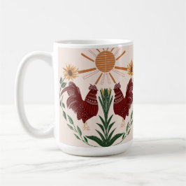 Caneca De Café Folk Art Rooster Sunshine Design Simétrico