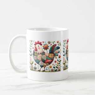 Caneca De Café Folk Patchwork Rooster com Acentos Florais