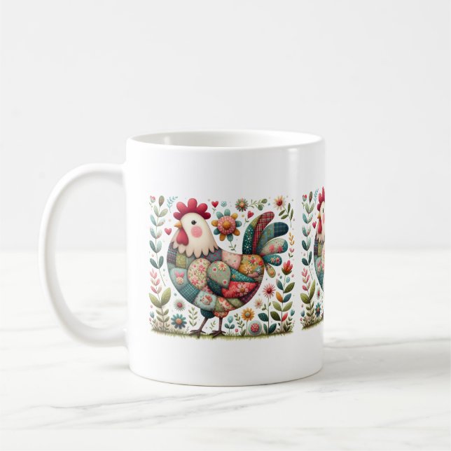 Caneca De Café Folk Patchwork Rooster com Acentos Florais (Esquerda)