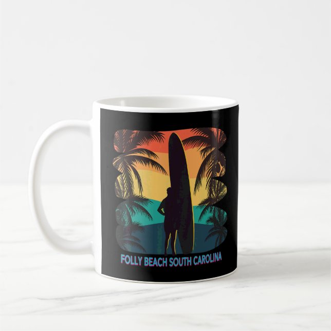 Caneca De Café Folly Beach South Carolina Sc Palm Tree Surfboard (Esquerda)