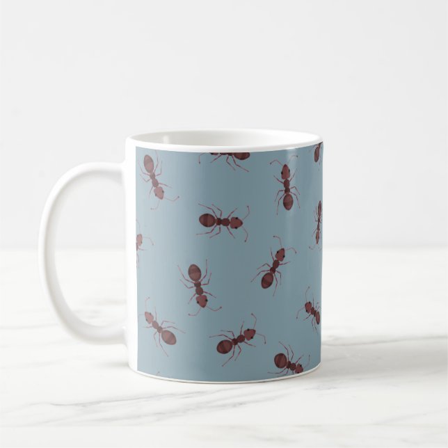 Caneca De Café Formigas Marrons Ilustradas em Cinza-Claro Azul (Esquerda)