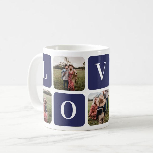 Caneca De Café Foto Azul Personalizada Colagem Familiar Love Mug (Frente Esquerda)