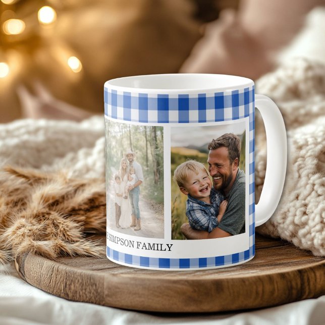 Caneca De Café Foto Blue Gingham 3 (Blue Gingham 3 Photo Coffee Mug)