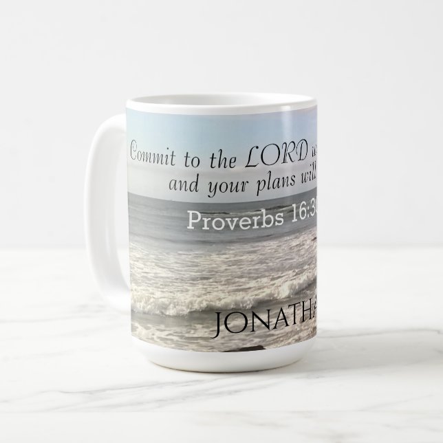 Caneca De Café  Foto da Costa Ondulada Provérbios Versículo Bíbli (Frente Esquerda)