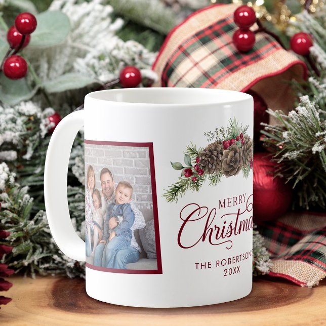 Caneca De Café Foto da Família 2 Natal Pinheiro Elegante Script  (Criador carregado)