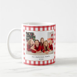 Caneca De Café Foto da Família Feliz Natal Gingham Vermelho Perso