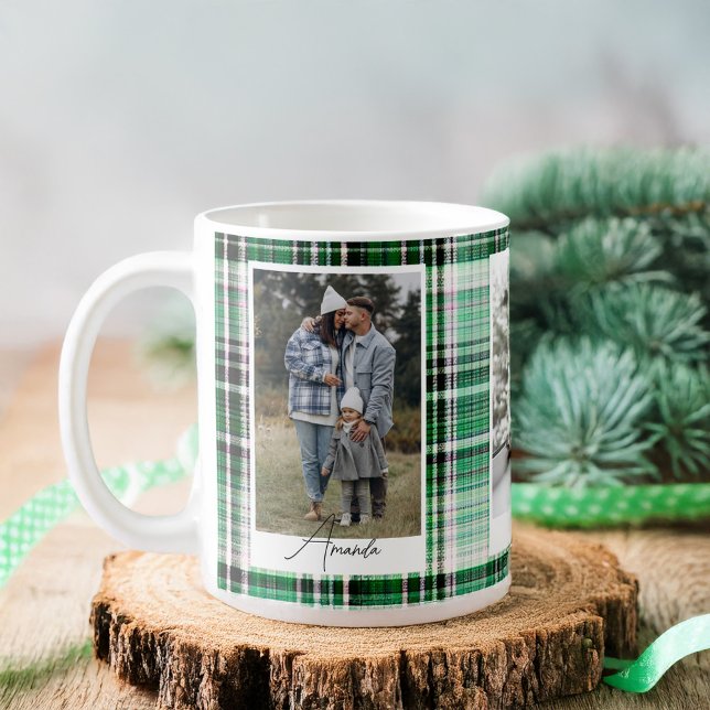 Caneca De Café Foto da Família Flannel de Xadrez Verde e Minteiro (Cozy Dark Green & Mint Plaid Flannel Family Photo Coffee Mug)
