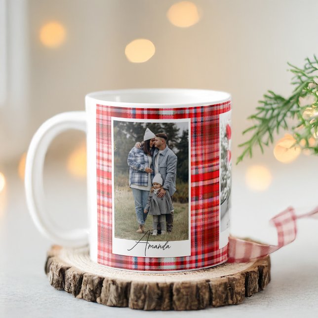 Caneca De Café Foto da família Flannel de Xadrez Vermelha e Branc (Cozy Red and White Plaid Flannel Family Photo Coffee Mug)