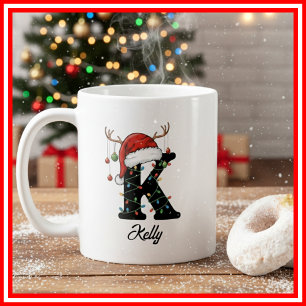 Caneca De Café Foto da Família Monograma de Natal com Chifre e Ch