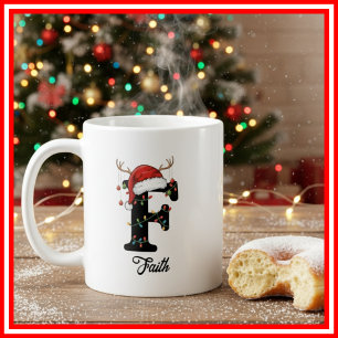 Caneca De Café Foto da Família Monograma de Natal com Chifre e Ch