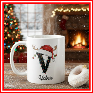 Caneca De Café Foto da Família Monograma de Natal com Chifre e Ch