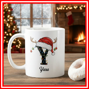 Caneca De Café Foto da Família Monograma de Natal com Chifre e Ch