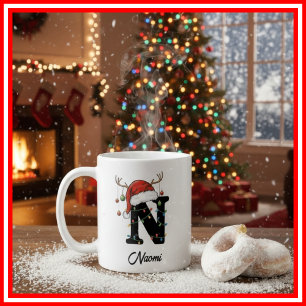 Caneca De Café Foto da Família Monograma de Natal com Chifre e Ch