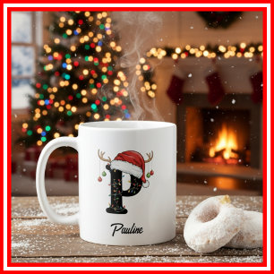 Caneca De Café Foto da Família Monograma de Natal com Chifre e Ch