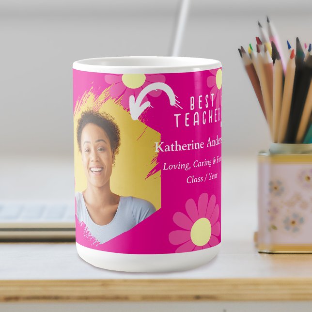 Caneca De Café Foto da Melhor Professora Daisy Vermelha (Daisy best Teacher Red Coffee Mug.)