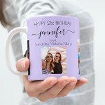 Caneca De Café Foto de aniversário nomes de amigos violeta lavand<br><div class="desc">Um presente de amigos para a aniversário de 21 anos de uma mulher, celebrando sua vida com 3 fotos suas, de seus amigos, família, interesses ou animais de estimação. Personalize e adicione seu nome, 21 anos e seus nomes. Um fundo colorido violeta e lavanda. O nome dela é escrito com...</div>