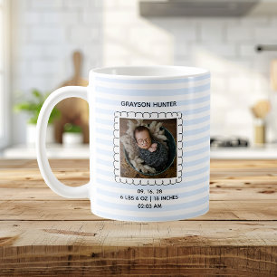 Caneca De Café Foto de Bebê Recém-Nascido Menino Listras Azuis