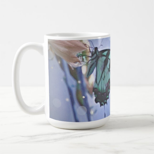 Caneca De Café Foto de borboleta teal mágica (Esquerda)