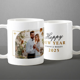 Caneca De Café Foto de casamento de Natal em ouro minimalista
